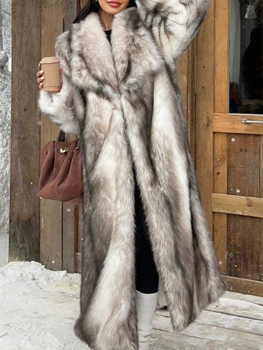 White Casual Women's Long Faux Fur Collar Coat - Picture 3 of 7